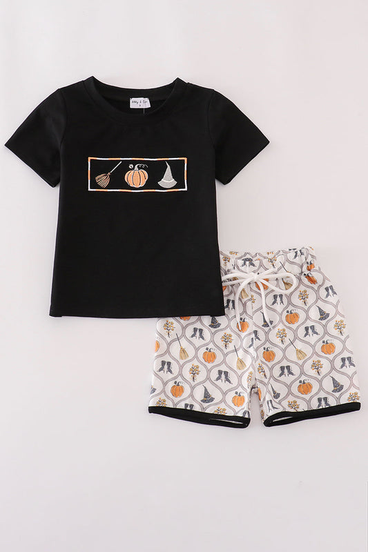 Black Halloween Embroidered Shirt Set