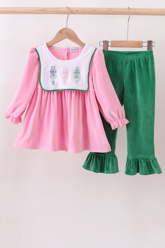 Pink Nutcracker Embroidery Velvet Ruffle Pants Set