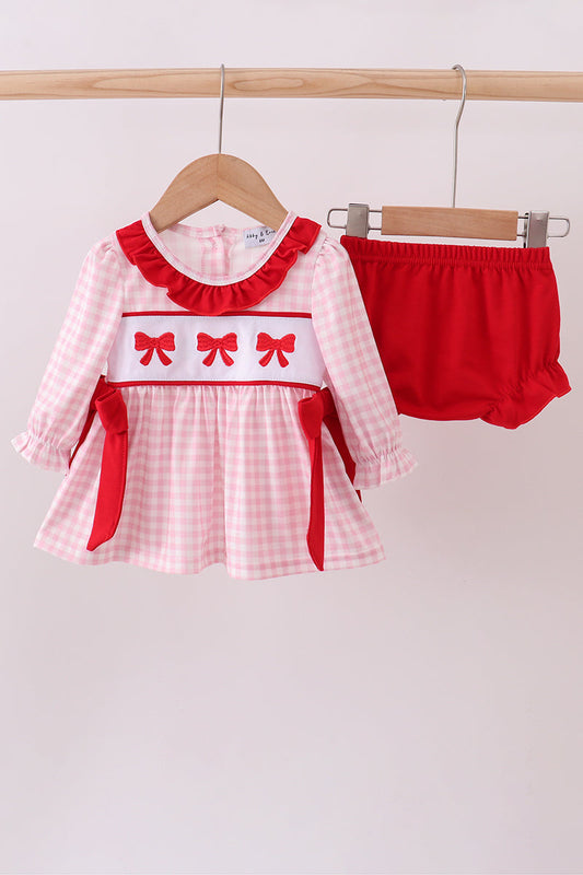 White and Pink Gingham Bloomer Set with Bow Embroidery
