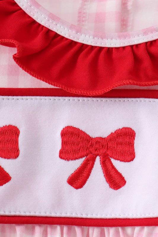 White and Pink Gingham Bloomer Set with Bow Embroidery