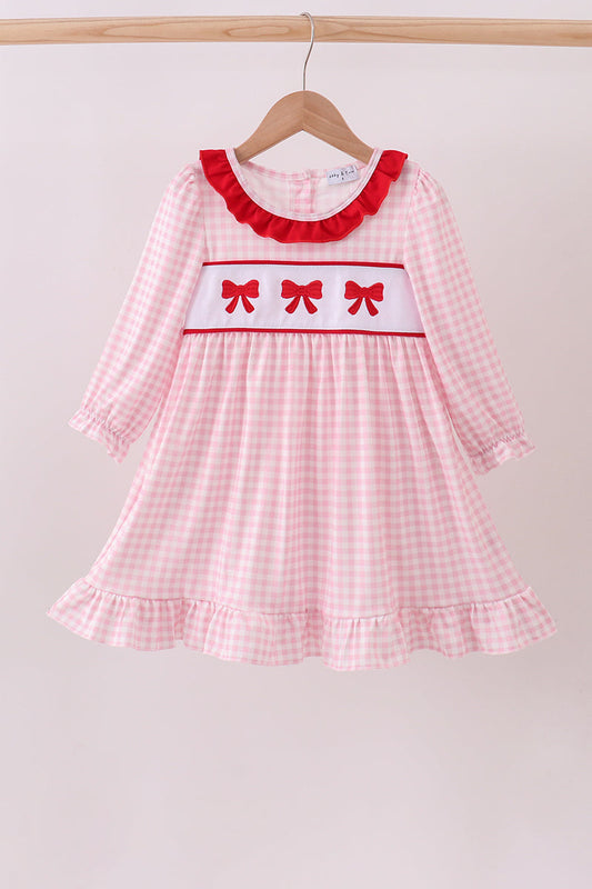 White and Pink Gingham Ruffle Bow Dress