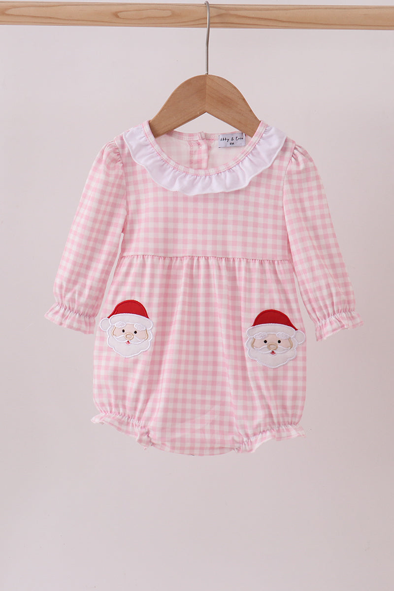 White and Pink Gingham bubble with Santa Claus Applique