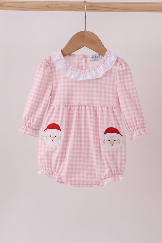 White and Pink Gingham bubble with Santa Claus Applique