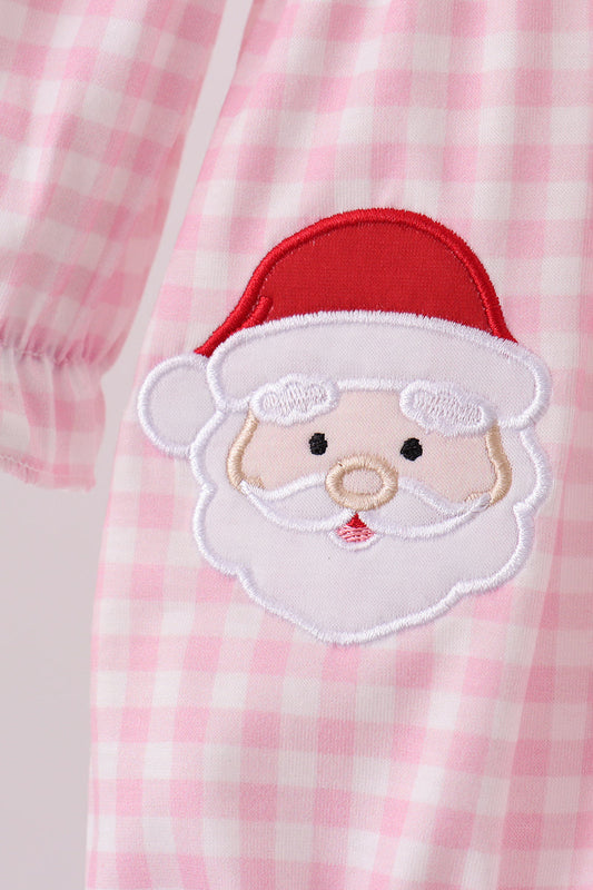 White and Pink Gingham bubble with Santa Claus Applique