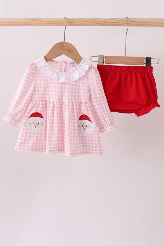 White and Pink Gingham Bloomer Set with Santa Claus Applique