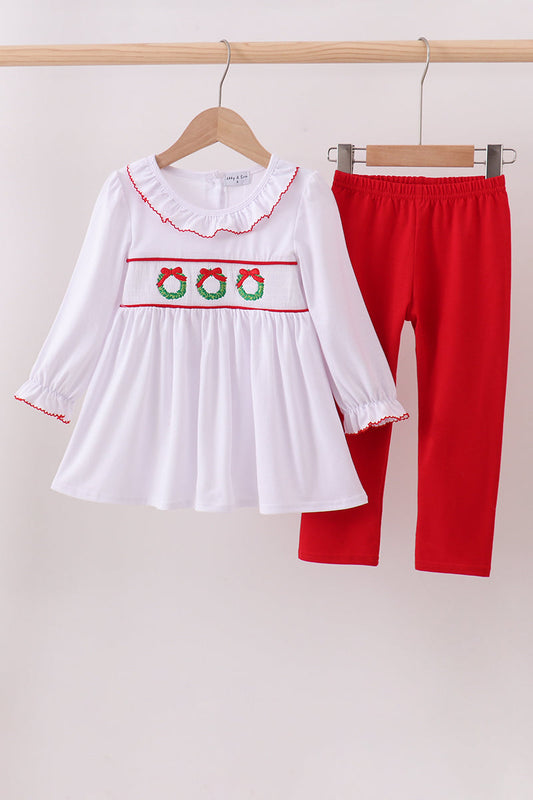 Smocked White Wreath Ruffle Pants Set