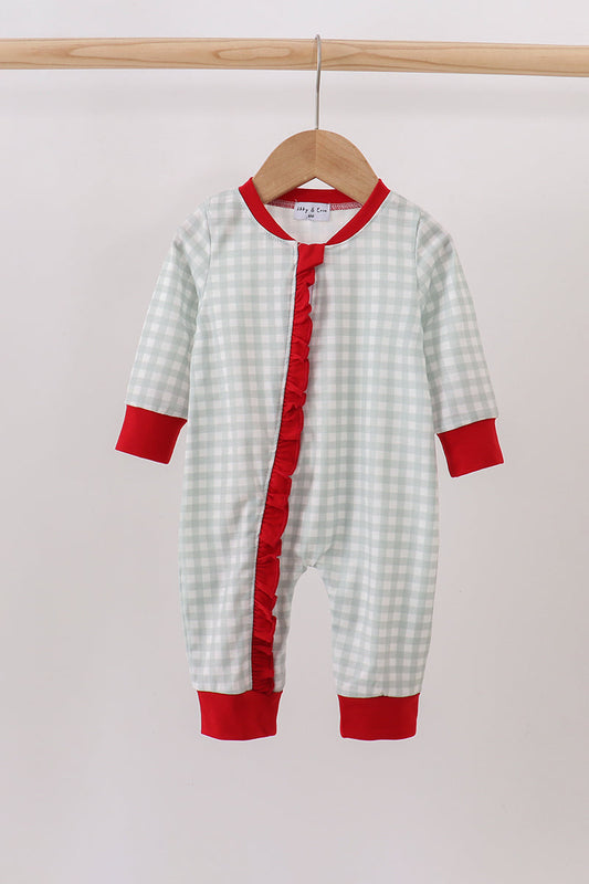 Sage and White Gingham Sleeper with Red Ruffle