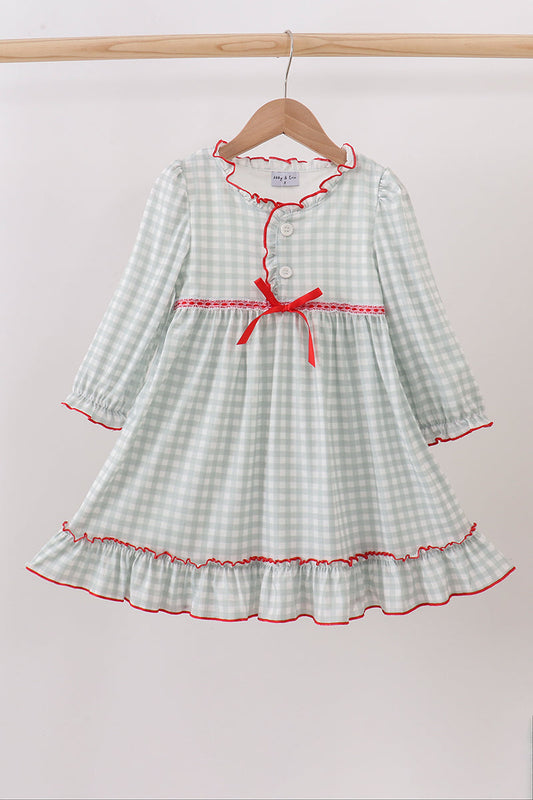 Sage and White Gingham Nightgown with Red Ribbon