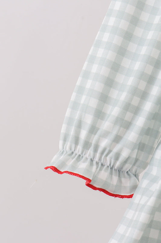 Sage and White Gingham Nightgown with Red Ribbon