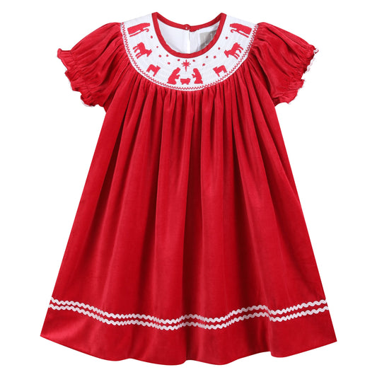 Red Nativity Smocked Bishop Dress