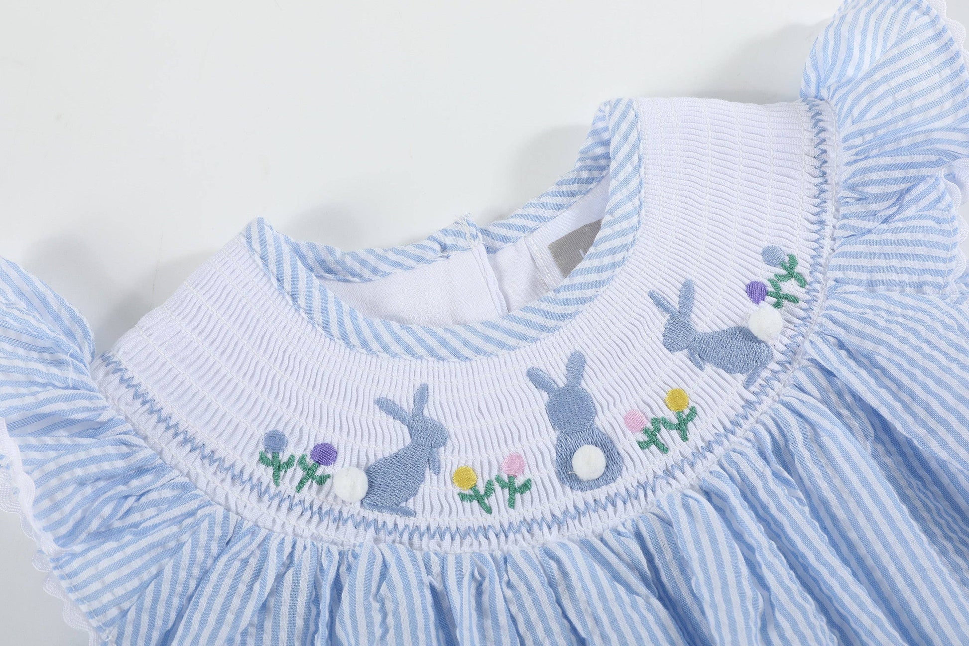 Light Blue Seersucker Smocked Bunny Dress Neckline