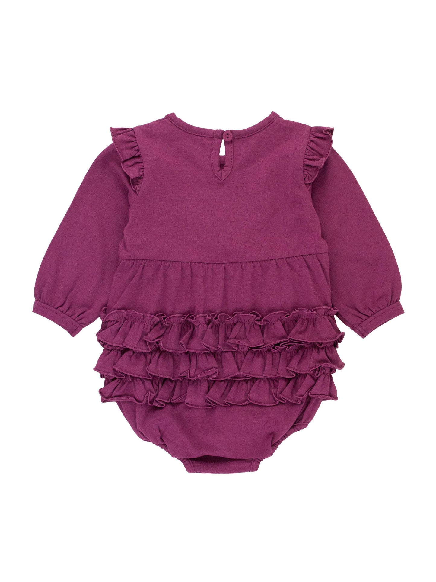 Eggplant Harvest Knit V-Ruffle Bubble Romper