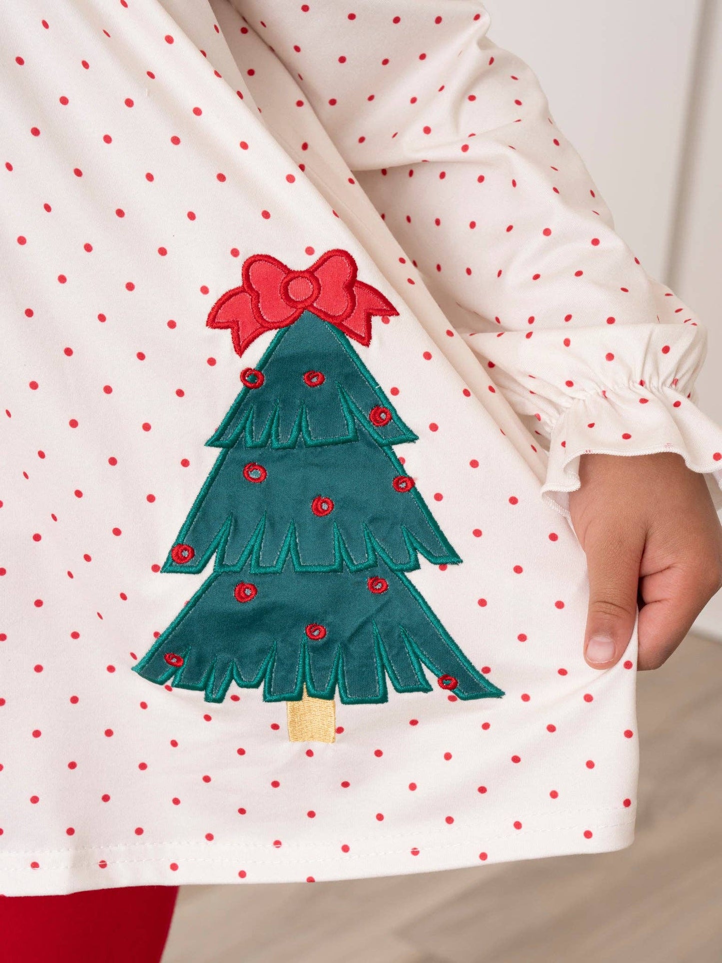 Red Dots Embroidered Trees Ruffle Outfit