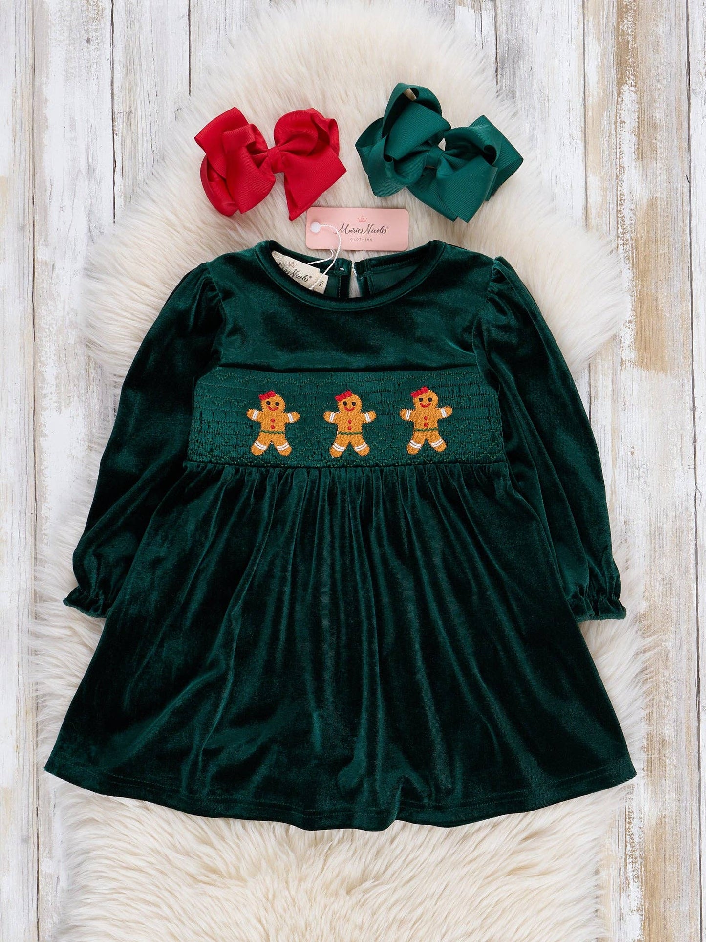 Deep Emerald Smocked Gingerbread Velvet Dress