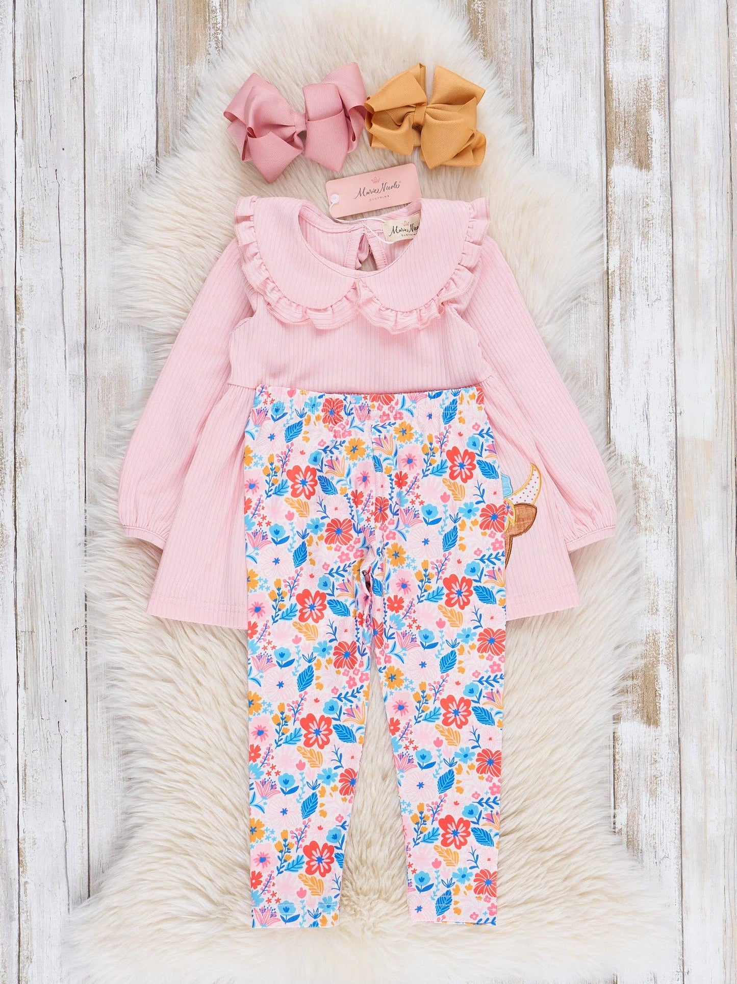 Pink Floral Embroidered Cow Ruffle Outfit